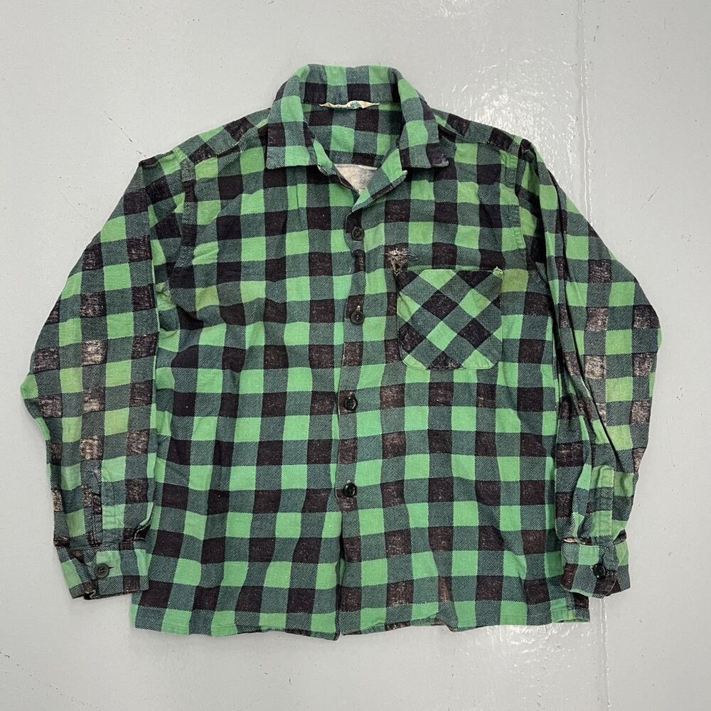 Vintage 50s Norwood Green/Black Plaid Loop Collar Flannel